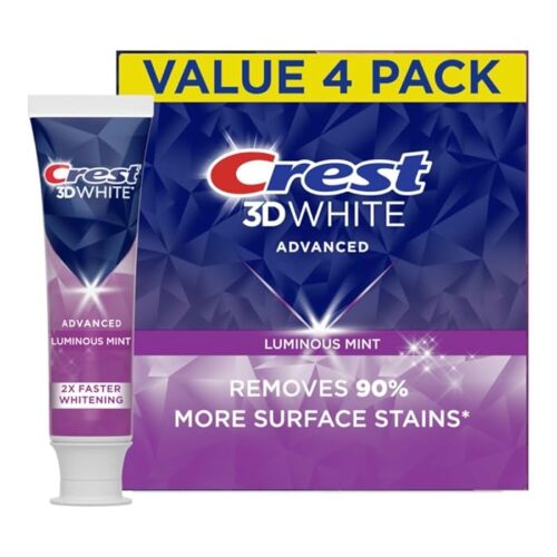 Crest 3D White Advanced Luminous Mint Teeth Whitening Toothpaste, Crest Toothpaste, 3.7 Oz Pack Of 4