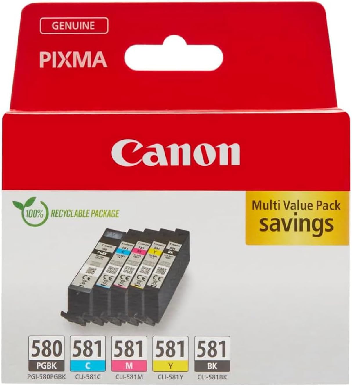 Canon PGI-580 / CLI-581 Genuine Ink Cartridges, Pack of 5