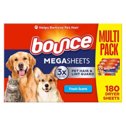 Bounce Pet Hair And Lint Guard Mega Dryer Sheets With 3X Pet Hair Fighters, Fresh Scent, 180 Count