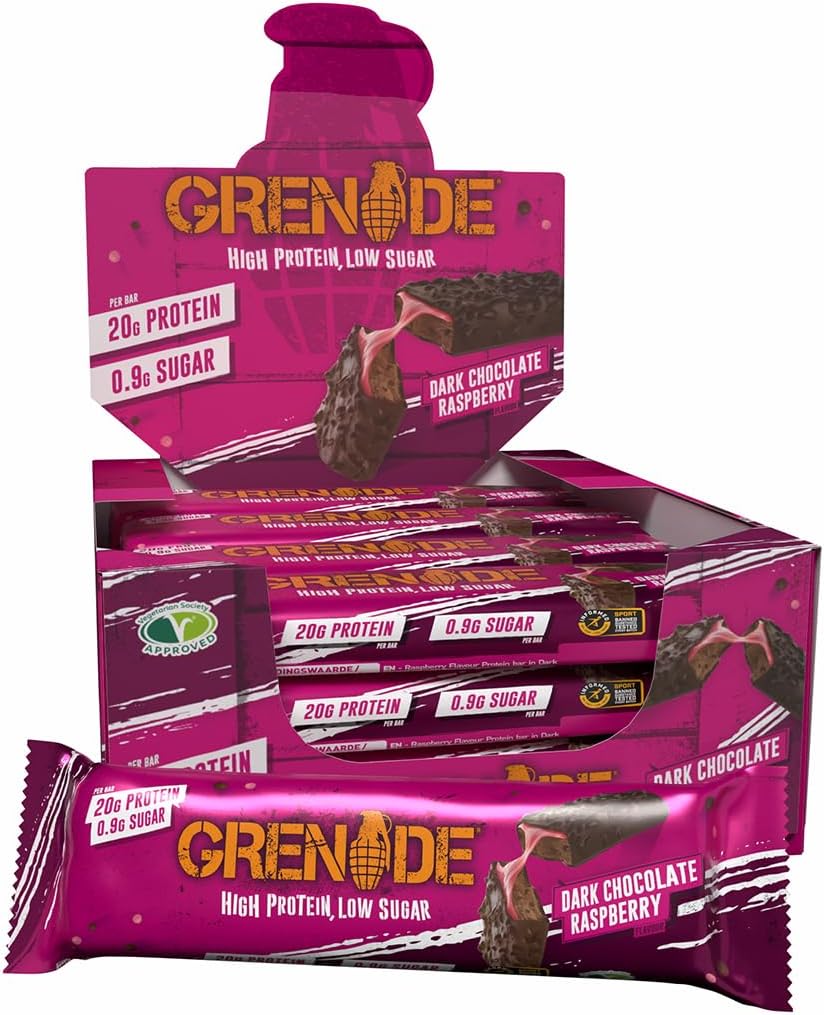 Grenade High Protein, Low Sugar Bar - Dark Chocolate Raspberry, 12 x 60 g
