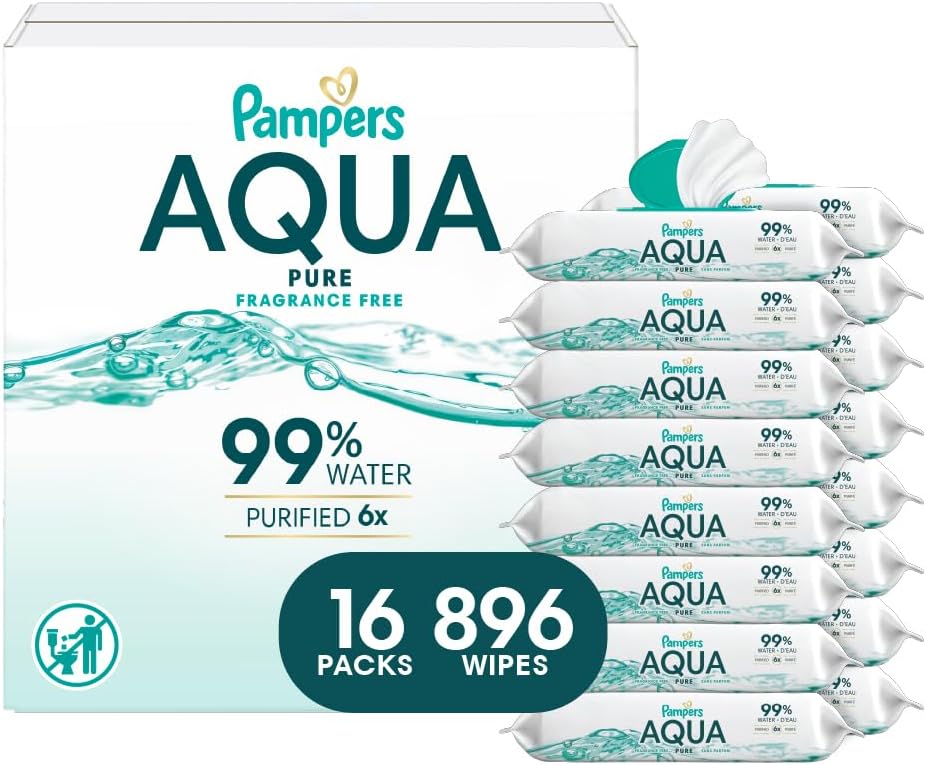 Pampers Aqua Pure Baby Wipes, 99% Water, Fragrance Free, 896 Baby Wipes Total (16X Flip-Top Packs)