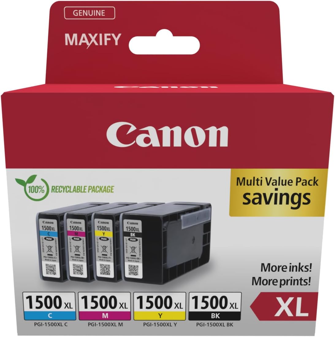 Canon PGI-1500XL High Yield Genuine Ink Cartridges, Pack of 4