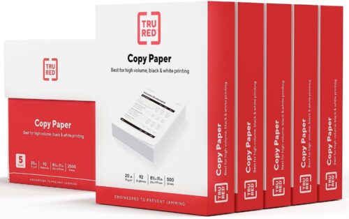 TRU RED Copy Paper, 8.5" x 11" Sheet Size, 92 Brightness, 20 lbs., Smooth Finish White Paper (500 Sheets/Ream, 5 Reams/Carton)