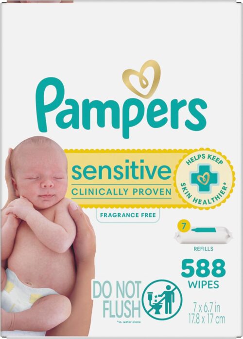 Pampers Baby Wipes Sensitive, Water Based Wipes, Hypoallergenic and Unscented for Babies, 588 Wipes Total