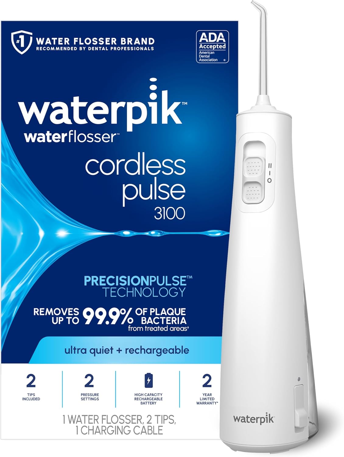 Waterpik Cordless Pulse Rechargeable Portable Water Flosser for Teeth, Gums, Braces Care WF-20 White