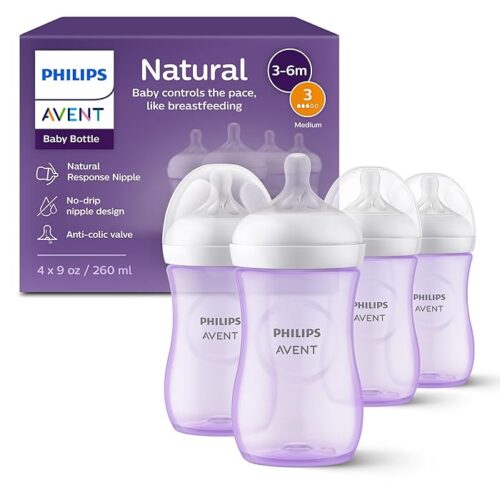 Philips Avent Natural Baby Bottles With Natural Response Nipples (Medium Flow, Flow 3), 9oz, Purple, 4-Pack, SCY903/34