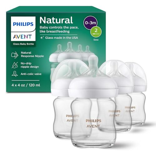 Philips Avent Natural Glass Baby Bottles With Natural Response Nipples (Slow Flow, Flow 2), 4oz, 4-Pack, SCY910/04