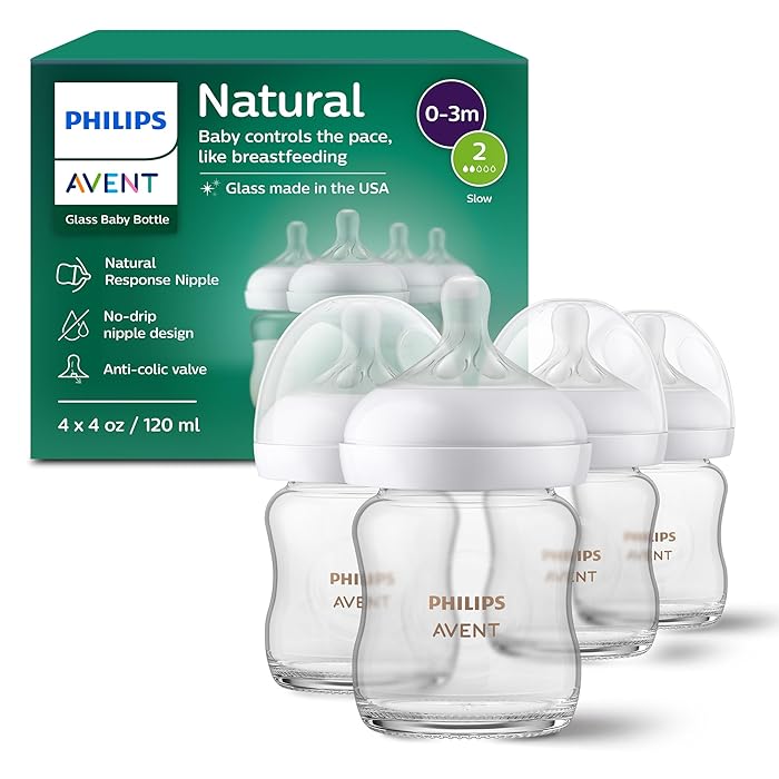Philips Avent Natural Glass Baby Bottles With Natural Response Nipples (Slow Flow, Flow 2), 4oz, 4-Pack, SCY910/04