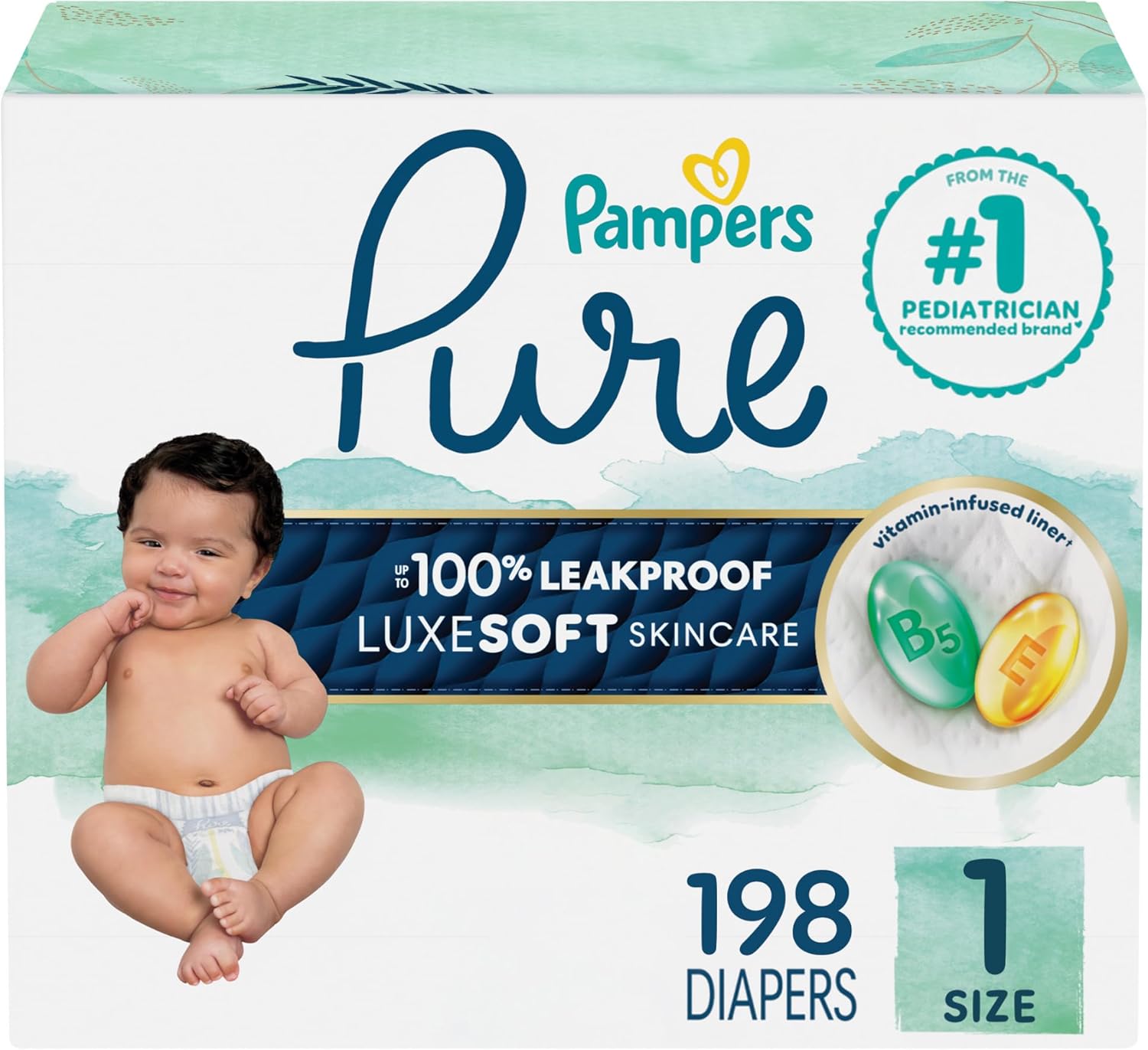 Pampers Pure Protection Baby Diapers, Size 1 (8-14 lbs), 198 Count