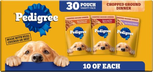 Pedigree Chopped Ground Dinner Wet Dog Food Pouches Variety Pack, 3.5 oz Pouches, 30 Count