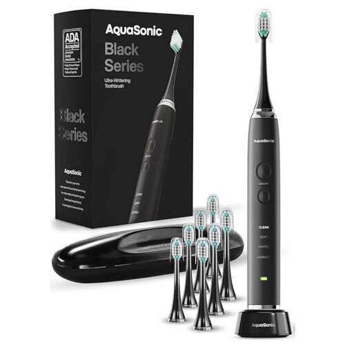 Aquasonic Black Series Ultra Whitening Toothbrush 8 Brush Heads & Travel Case – 40,000 VPM