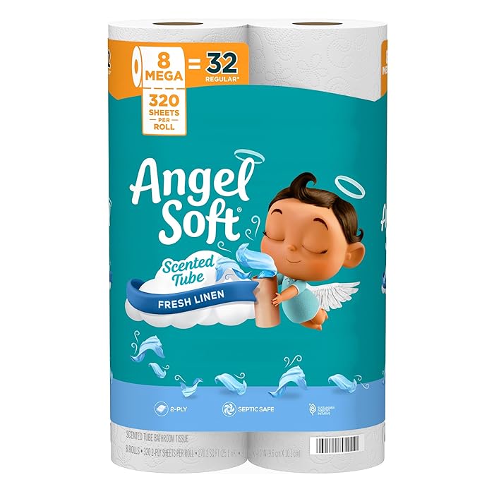 Angel Soft Toilet Paper With Fresh Linen Scented Tube, 8 Mega Rolls 32 Regular Rolls