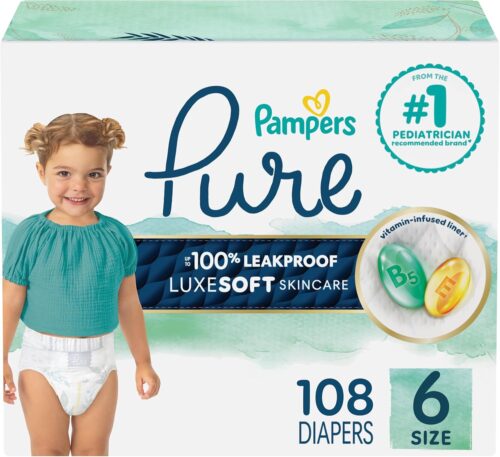 Pampers Pure Protection Baby Diapers, Size 6 (35+ lbs), 108 Count
