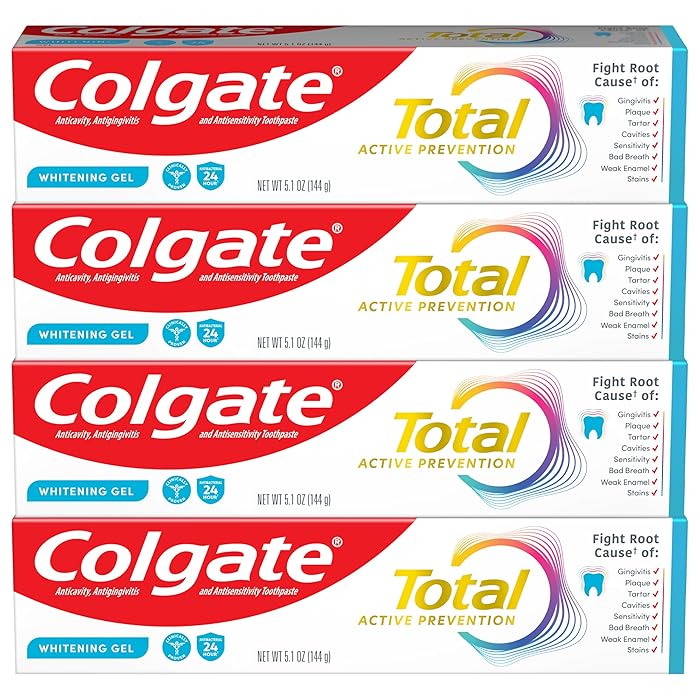 Colgate Total Active Prevention Whitening Gel Toothpaste Mint, 4 Pack, 5.1 Oz