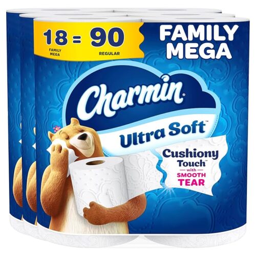 Charmin Ultra Soft Cushiony Touch 2-Ply Toilet Paper 18 Family Mega Rolls 90 Regular Rolls, White
