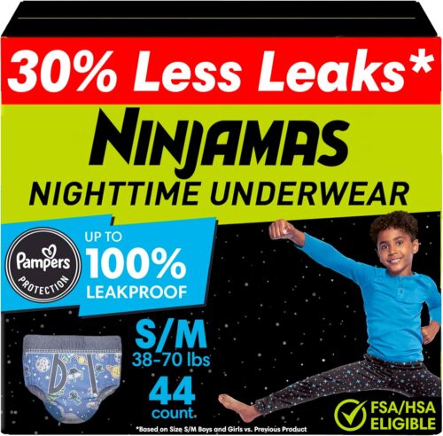 Ninjamas Boys Bedwetting Nighttime Underwear, Size S/M (38-70 lbs), 44 Count