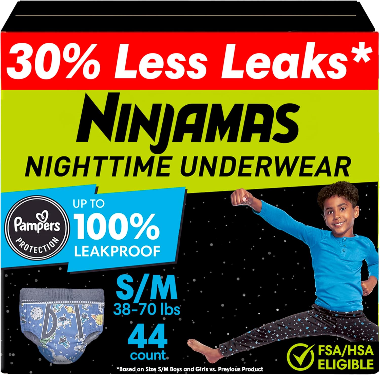Ninjamas Boys Bedwetting Nighttime Underwear, Size S/M (38-70 lbs), 44 Count