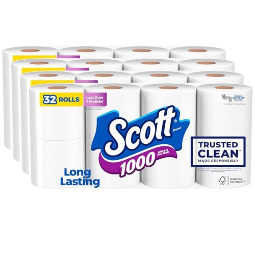 Scott 1000 Trusted Clean Toilet Paper 32 Rolls, Septic-Safe, 1-Ply Tissue, White