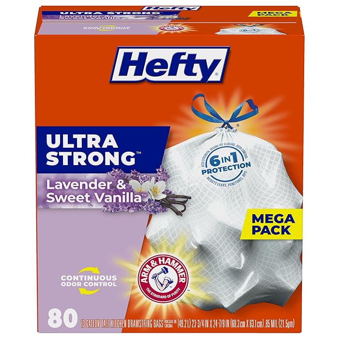 Hefty Ultra Strong Tall Kitchen Trash Bags Lavender & Sweet Vanilla Scent, 13 Gallon, 80 Count