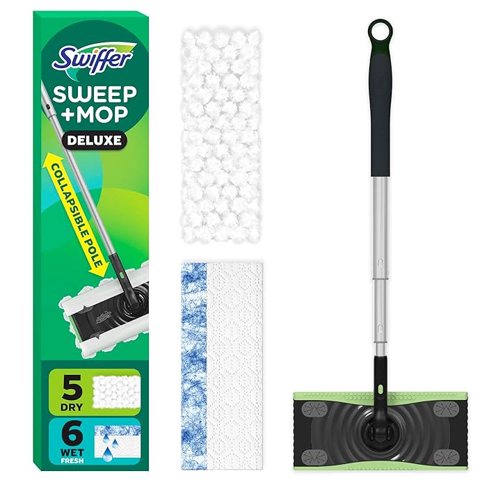Swiffer Sweep & Mop Deluxe 2-in-1 Multi-Surface Kit For Floor Cleaning Includes 1 Sweeper Device, 5 Dry Sweeping + 6 Wet Mopping Heavy Duty Cloths, Black