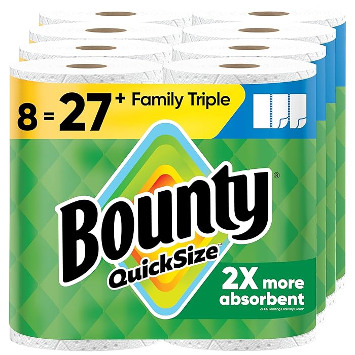 Bounty Quick-Size Paper Towels White, 8 Family Triple Rolls 27 Regular Rolls