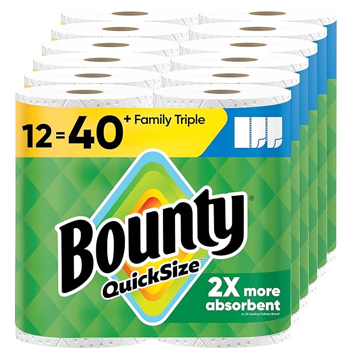 Bounty Quick-Size Paper Towels, White, 12 Family Triple Rolls 40 Regular Rolls