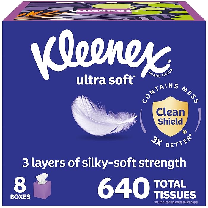 Kleenex Ultra Soft Facial Tissues 8 Cube Boxes, 80 Tissues Per Box, 3-Ply 640 total tissues