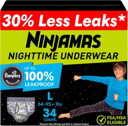 Ninjamas Boys Bedwetting Nighttime Underwear, Size L (64-95+ lbs), 34 Count