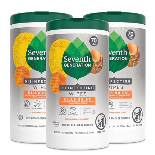 Seventh Generation Disinfecting Multi-Surface Wipes, Lemongrass Citrus, 70 Count, Pack Of 3