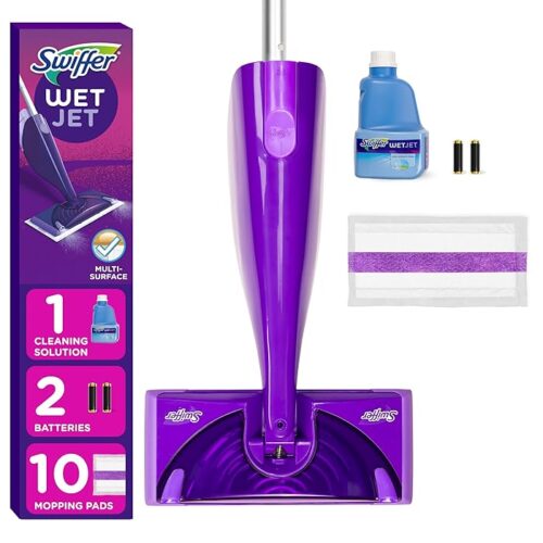 Swiffer WetJet Hardwood And Floor Spray Mop Cleaner Starter Kit Includes: 1 Power Mop, 10 Pads, Cleaning Solution, Batteries
