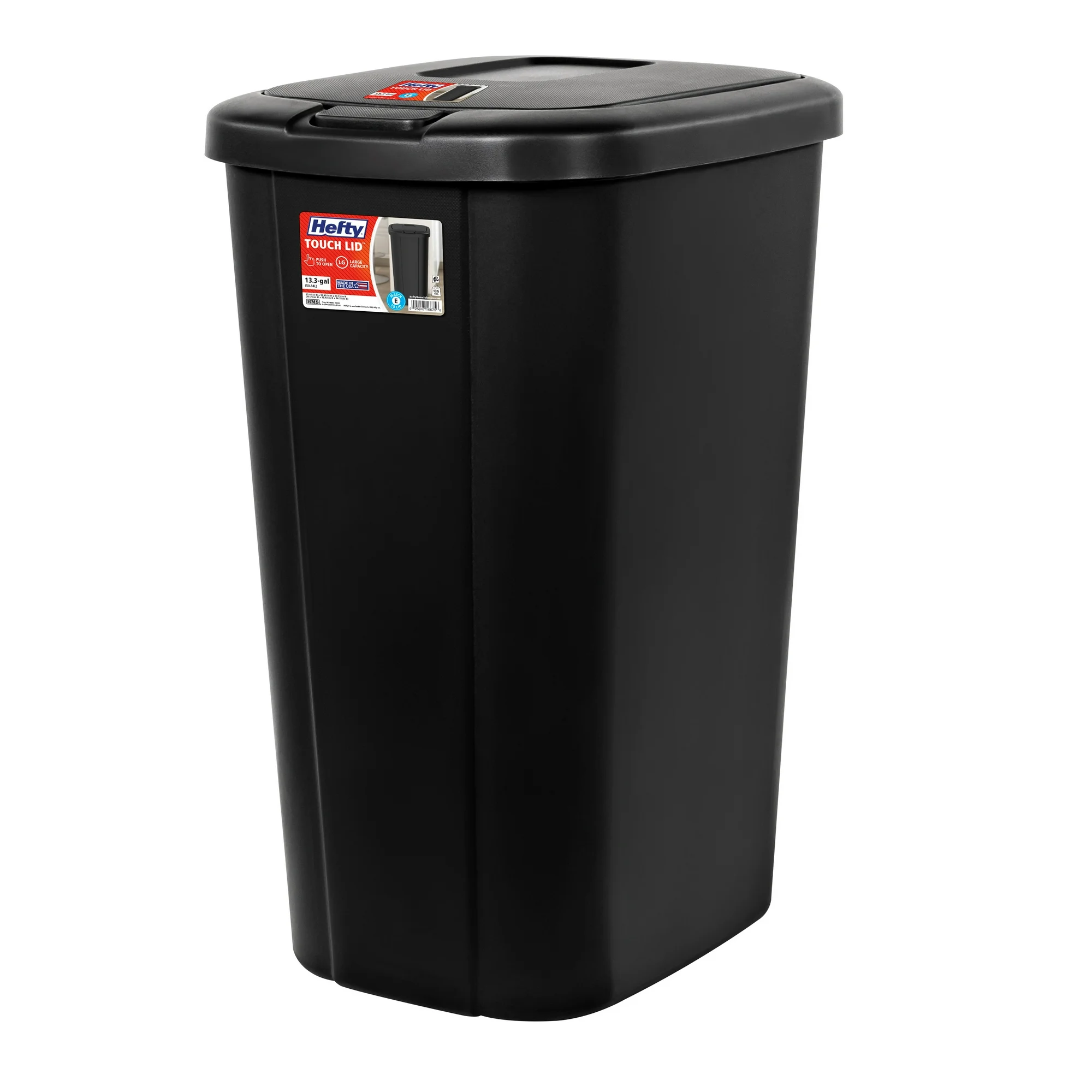 Hefty Kitchen Trash Can, 13.3 Gallon Plastic Touch Top Garbage Bin with Push Button Lid, Black